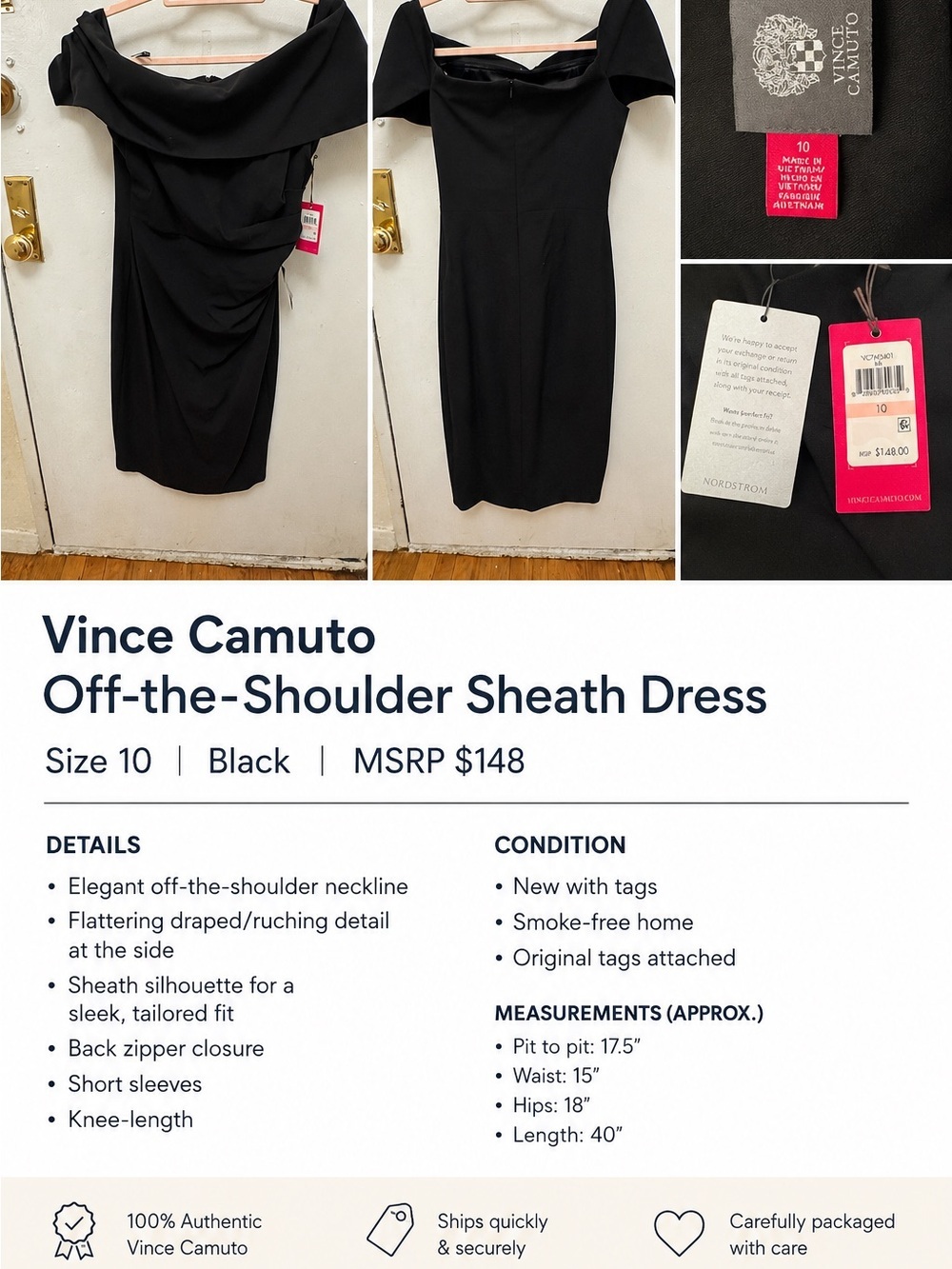 Vince Camuto Black Off-the-Shoulder Sheath Dress with Draped Side